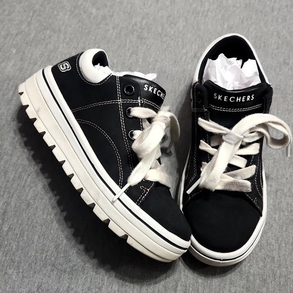 Vintage Y2K SKECHERS Chunky Puffy Platform Lug Sole Black Canvas Sneakers Shoes - Picture 4 of 17